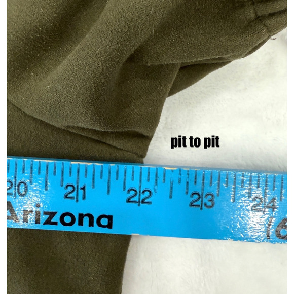 Sharagano Dress Women's 14 Olive Green Faux Suede Puff Sleeve Forest Fairy Shift - Picture 7 of 8